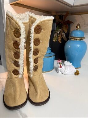 Muk Luks Tan Faux-Suede Knee-High Slipper Boots with Ivory Faux-Fur Trim/Lining